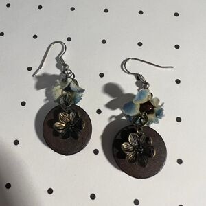 Vintage brown drop earrings with blue flowers